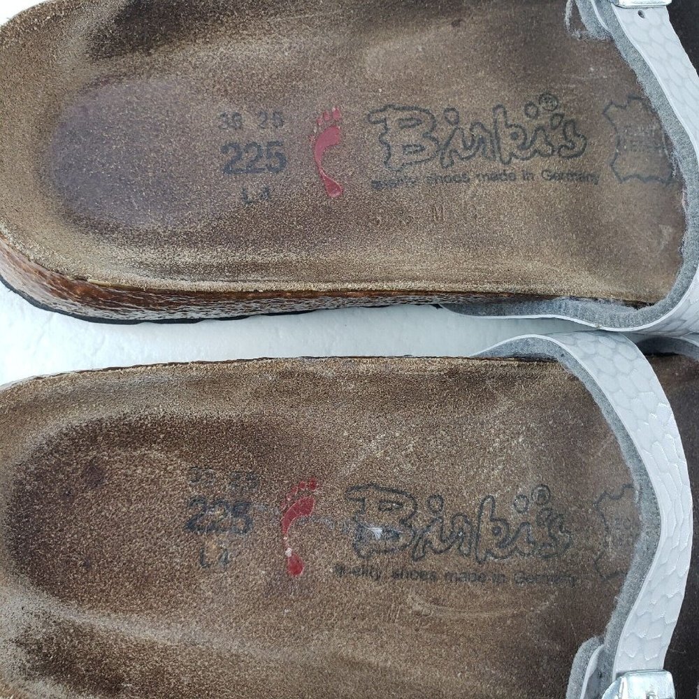 Birkis Birkenstock Metallic Sandals Silver Womens 4-4.5 35 Leather Strappy Slide - Picture 9 of 11